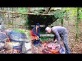 Bushcraft Overnight Build Shelter, Primitive Rock Oven, Cook Meat on Stone with my Wife and Dog