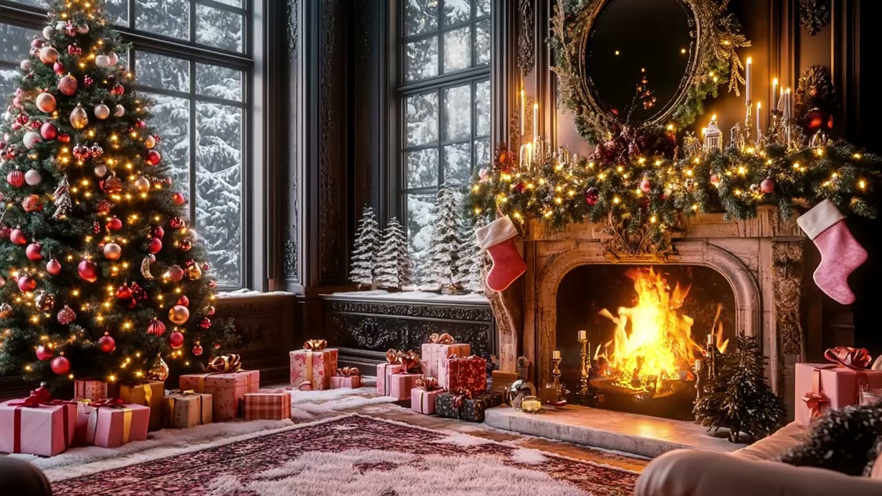 Dreamy Pink Snowflake Holiday Haven | Fireplace Fire, Falling Snow | Christmas Ambience | Deep Relax