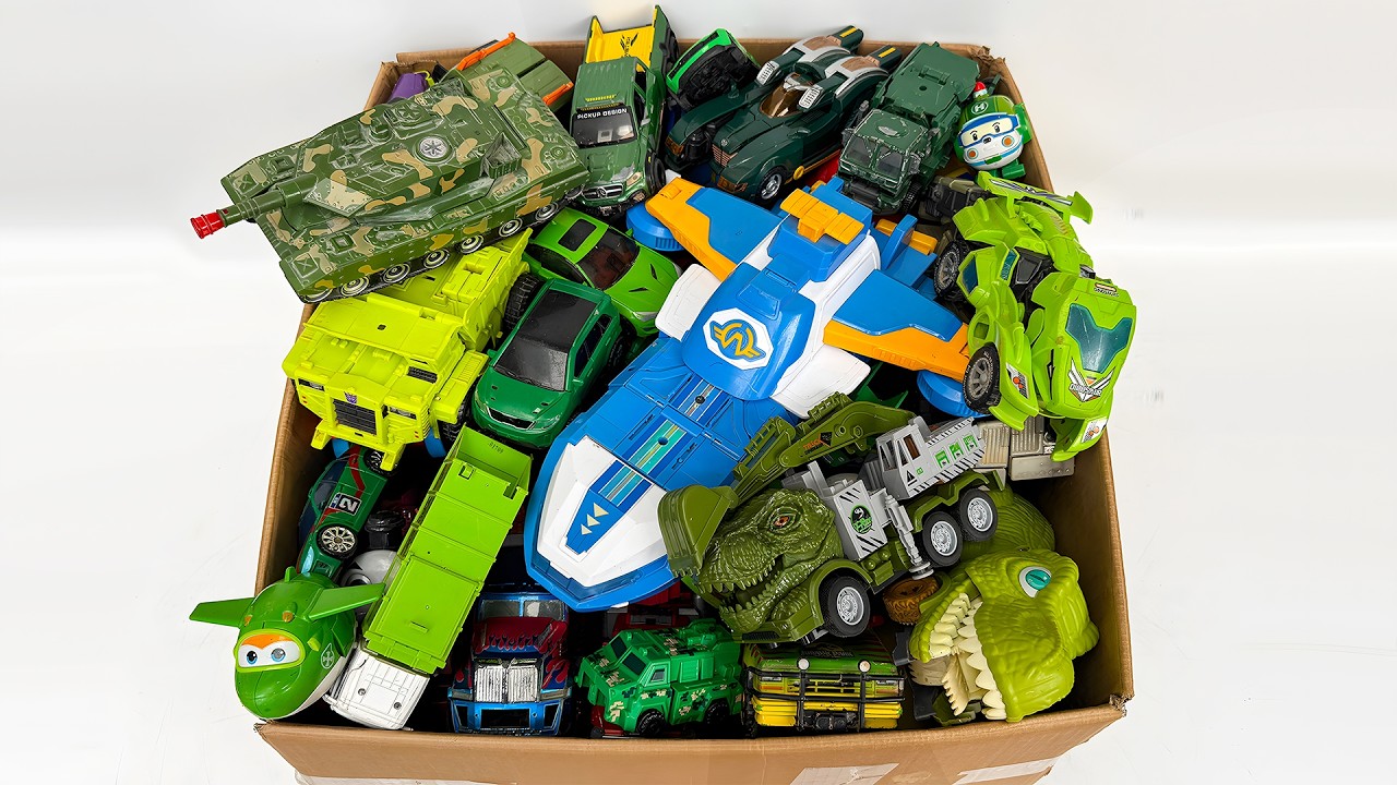 GIANT MYSTERY 100+ GREEN TOY BOX! Super Wings, Transformers, Dinosaur Trucks & Army Tank Collection