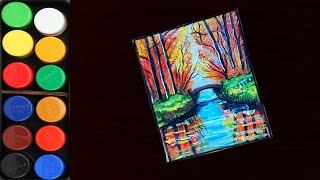 Nature scenery drawing with Poster Color for beginners - step by step