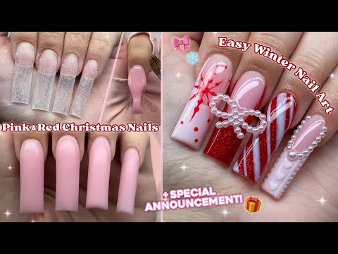 SPECIAL ANNOUNCEMENT! + PINK & RED CHRISTMAS NAILS❤️ POLYGEL NAILS & EASY NAIL ART | Nail Tutorial