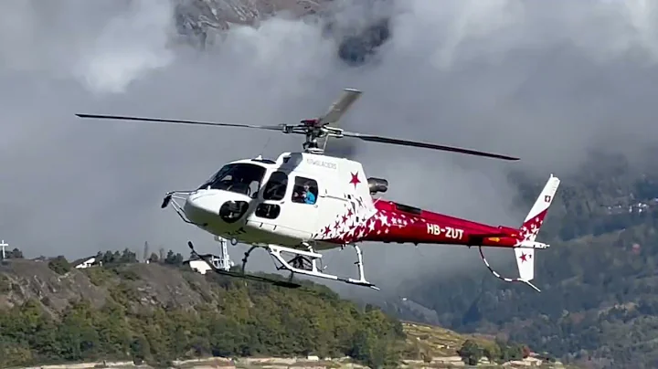 Bell 505 Jet Ranger-Eurocopter H125 Ecureuil AS350B3e and B3 landing Sion airport Valais 22.10.2022