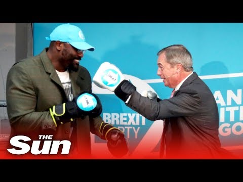 Nigel Farage throws jabs at British boxer Dereck Chisora on the Brexit Party campaign trail