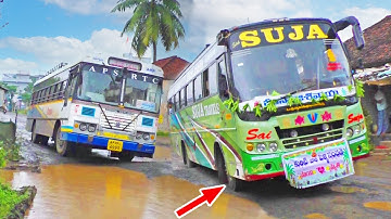 Private Passenger Buses Struggling to Drive in Dirty Water Logged Roads - Bus Driver Difficulties