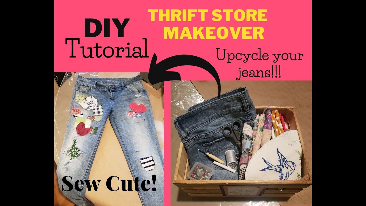 DIY to sew patches Hippie boho Art upcycled denim jeans Thrift Store vintage distressed upcycle - YouTube