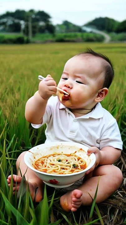 Mie yang dimasak oleh ibu sangat lezat untuk bayinya. Orang dewasa sedang bekerja di ladang,