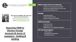 Reporting FBAR to Disclose Foreign Accounts &amp; Assets 5 examples:   Golding &amp; Golding Tax Lawyers