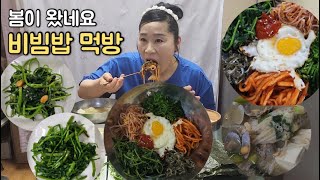 취나물 미나리 듬뿍넣은 비빔밥에 된장국까지 맛있는 한끼 먹었습니다 bibimbap soybean paste Soup koreaneating show mukbang