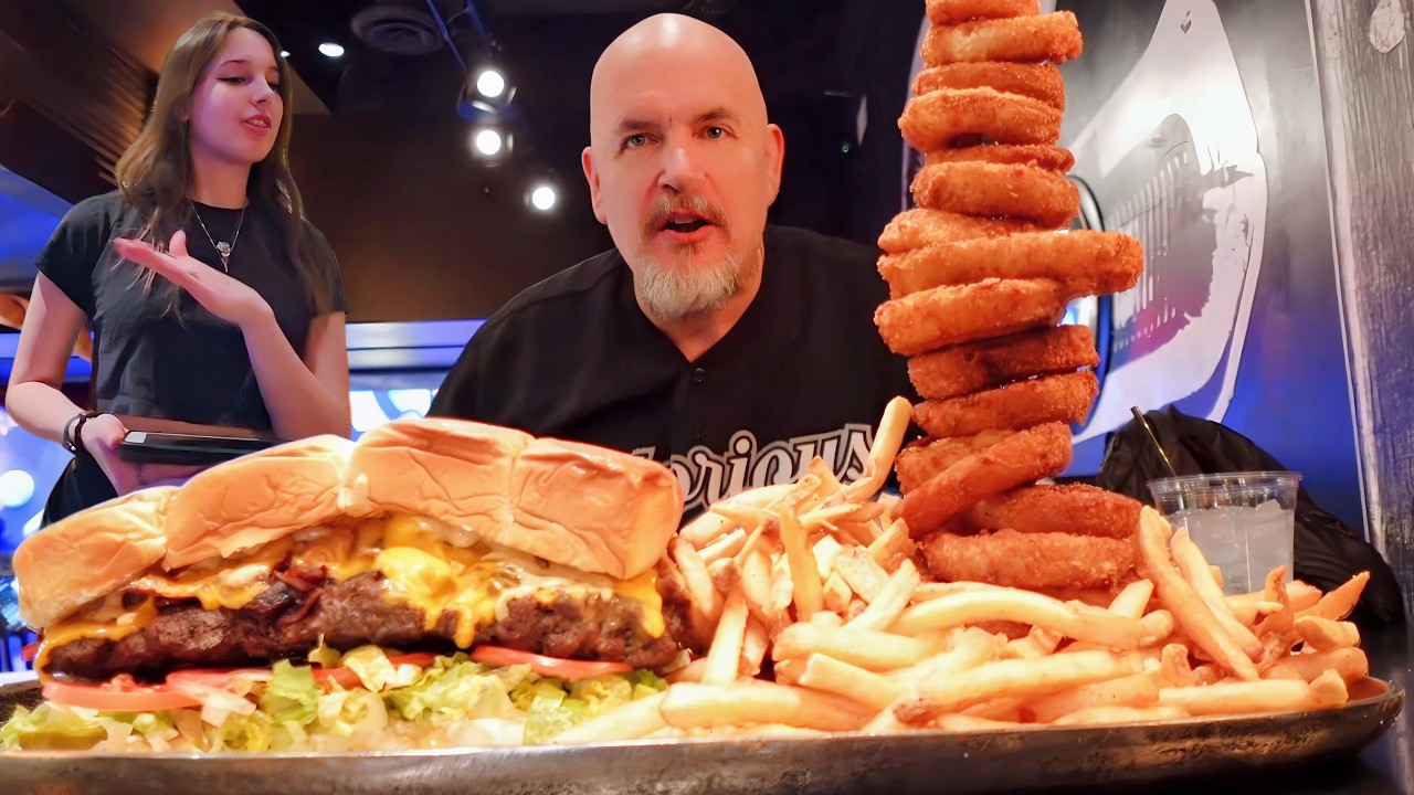 Old Man Attempts Huge Burger Challenge in Las Vegas - Waitress say Good  Luck Old Man