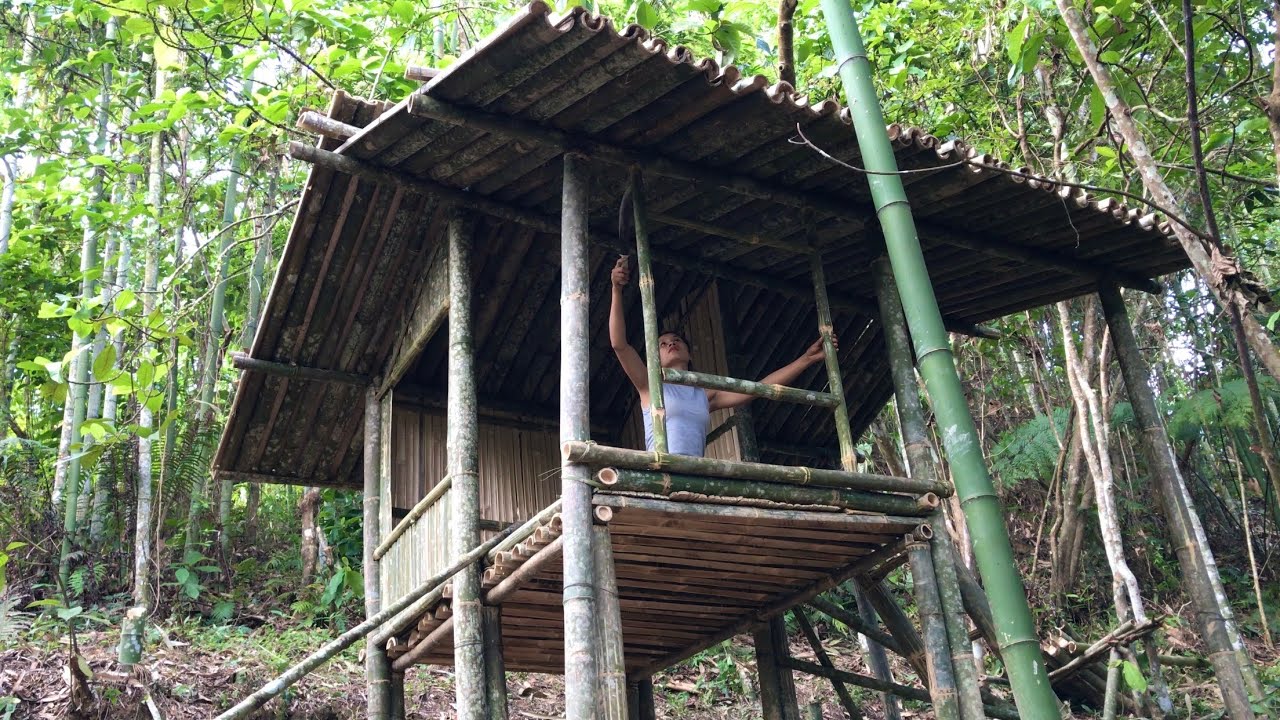 Asian girl alone builds bamboo house in the forest  bamboo house part 4