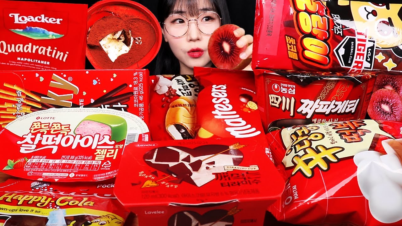 ASMR MUKBANG | 레드 디저트 아이스크림 젤리 깨먹는 티라미수 라면 초콜릿 먹방 & 편의점 RED DESSERT JELLY CAKE FOOD