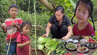 The girl picked pumpkins to sell, and the son came home from school to help his mother cook