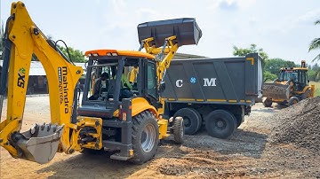 Mahindra and JCB 3DX Loading Wed Mix in 4 Truck for New Road Construction work | Jcb video | Truck
