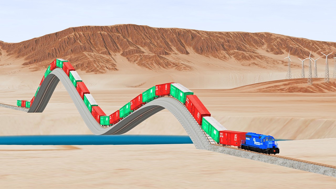 Trains vs Gaint M Shaped Slopy Rail track - Beamng Drive