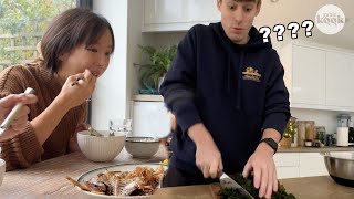 My British husband learns to cook Korean food from my Korean mom