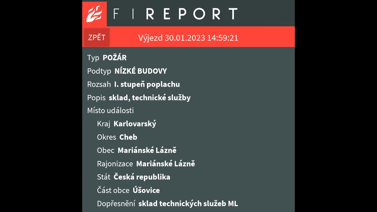 Hasiči Tři Sekery 📢🔥🚒výjezd 3) 30.1. 2023 14:59 Požár nízké budovy Mariánské Lázně