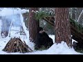 Overnight in the winter woods building a primitive survival shelter meat on fire