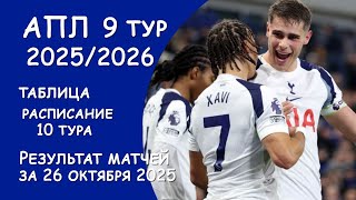 АПЛ 9 тур результат матча за 26 октября. Таблица. Расписание 10 тура.