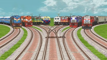 8 LINE TRAINS CROSSING AT VERY FUNNY BUMPY FORKED RAILROAD TRACKS / Train Simulator -Indian Train