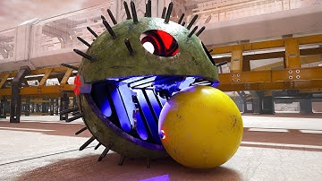 Pacman Escapes Shredder Robot Monster and Desert Worm in a Maze With Hidden Keys and Lava Traps
