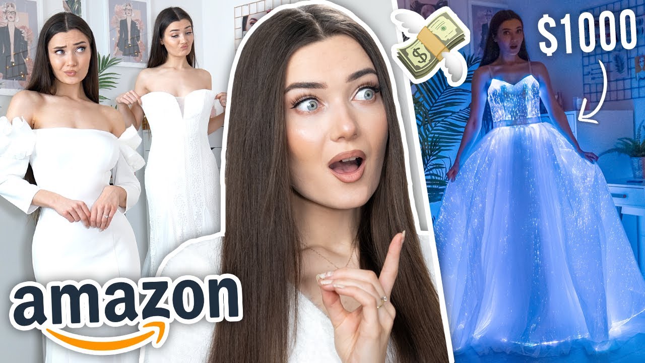 TRYING ON AMAZON WEDDING DRESSES... $1000 LIGHT UP DRESS!? - YouTube