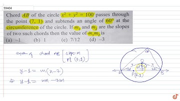 Chord AB of the circle `x^2 +y^2 = 100`  passes through the point (7, 1) and subtends an angle ...