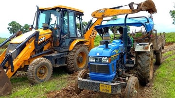 JCB 3dx Backhoe Going To Another Village With Mahindra yuvo and Eicher tractors For Loading Mud