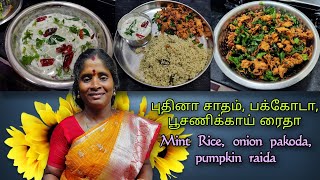 புதினா சாதம், வெங்காயம் பக்கோடா | Mint Rice, Onion Pakoda & Pumpkin raita | How to make onion pakoda
