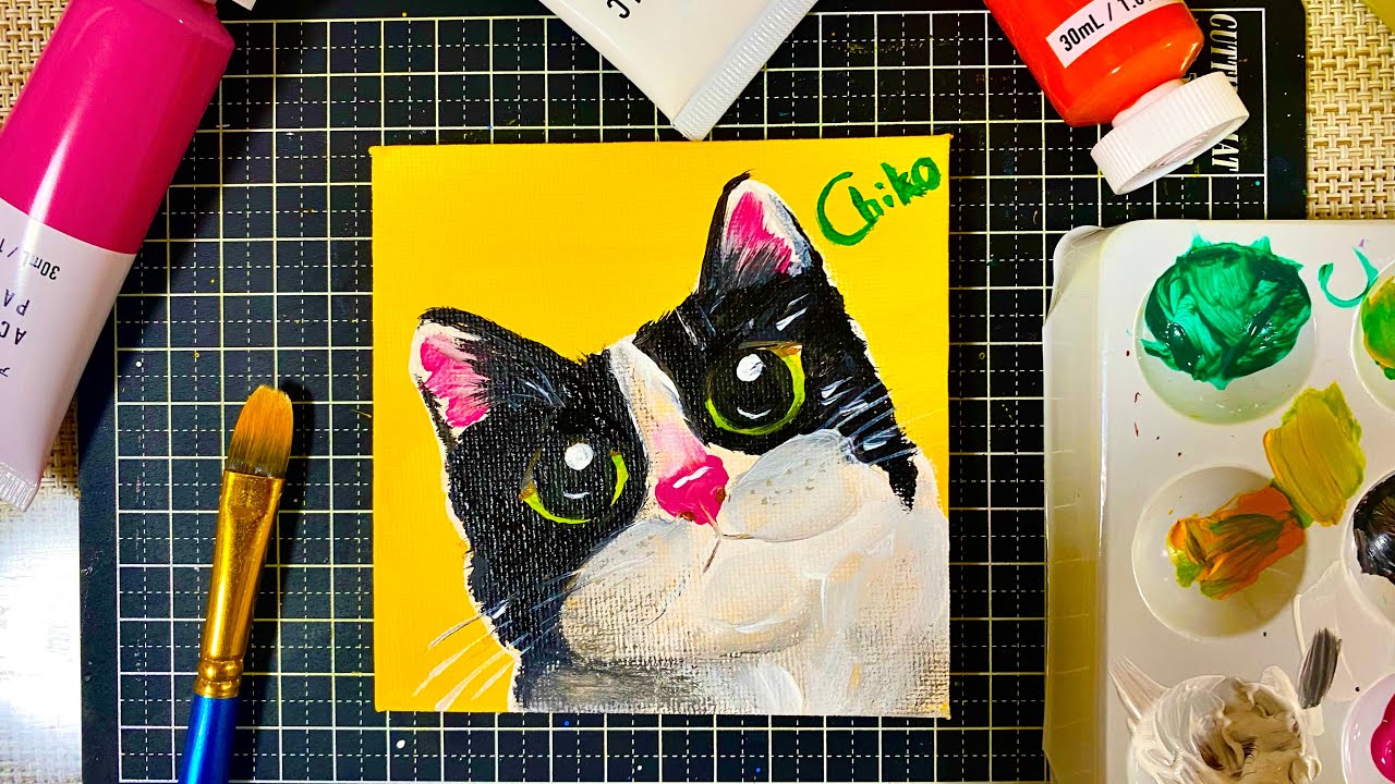絵画。原画☆キャンバスF10【可愛い猫たちのピアノ演奏会が始まった】 ミニキャンバスに猫の絵を描いてみた♪ - YouTube