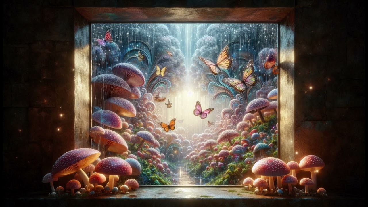 Rain and Nature Sound with Butterfly and Mushroom Outside a Window . Wallpaper / Background