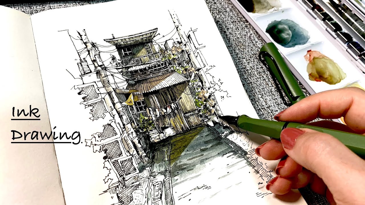 Ink drawing and simple watercolor| urban sketching in sketchbook - YouTube