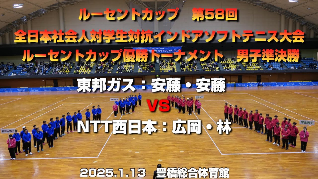 ルーセントカップ第58回全日本社会人対学生対抗インドアソフトテニス大会ルーセントカップ優勝トーナメント　男子準決勝　安藤優作・安藤圭祐（東邦ガス）　VS　広岡　宙・林 佑太郎（NTT西日本）