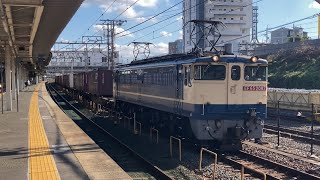【4K】側線停車!EF65-2092+コキ20両編成 コンテナ貨物列車 膳所駅到着から発車まで