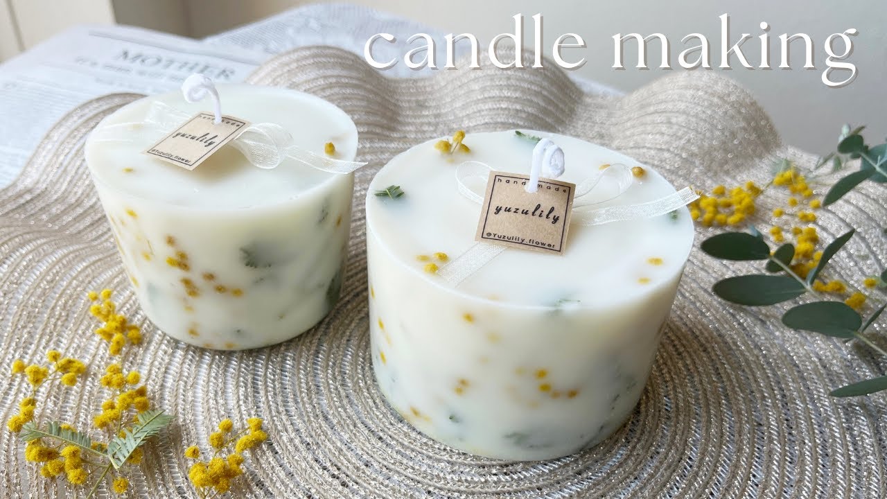 🕯【candle】DAISOのワックスで作るミモザのボタニカルキャンドル作り/Mimosa botanical candle making with  DAISO wax