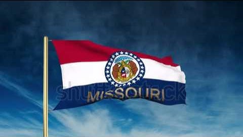 missouri flag slider style with title. Waving in the wind with cloud background animation Stock