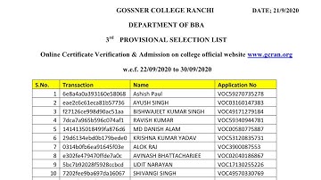 Gossner College ranchi graduation BBA,English and Political science 3rd Selection list 2020 Out