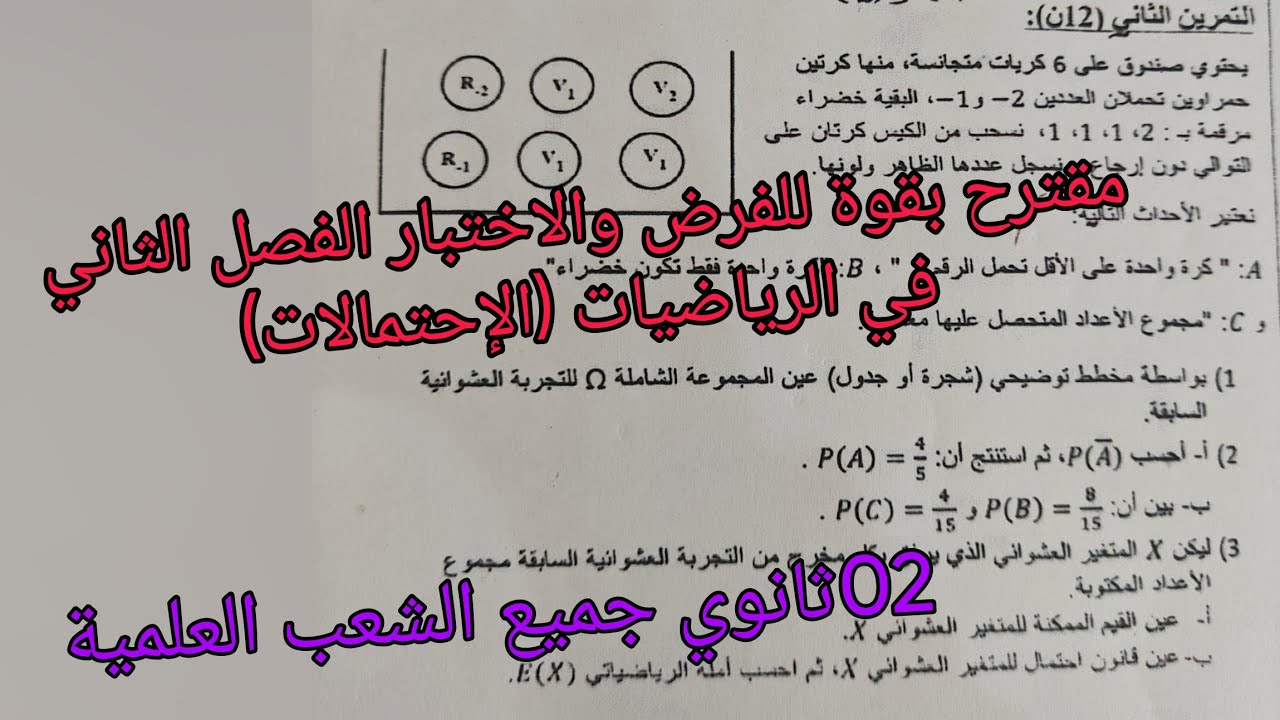 مقترح بقوة للفرض والاختبار الفصل الثاني في الرياضيات (الإحتمالات ) الثانية ثانوي جميع الشعب العلمية 