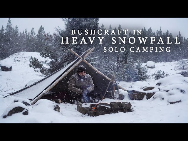 Heavy Snowfall Bushcraft Camping - Pole-frame Tarp Shelter, Goose