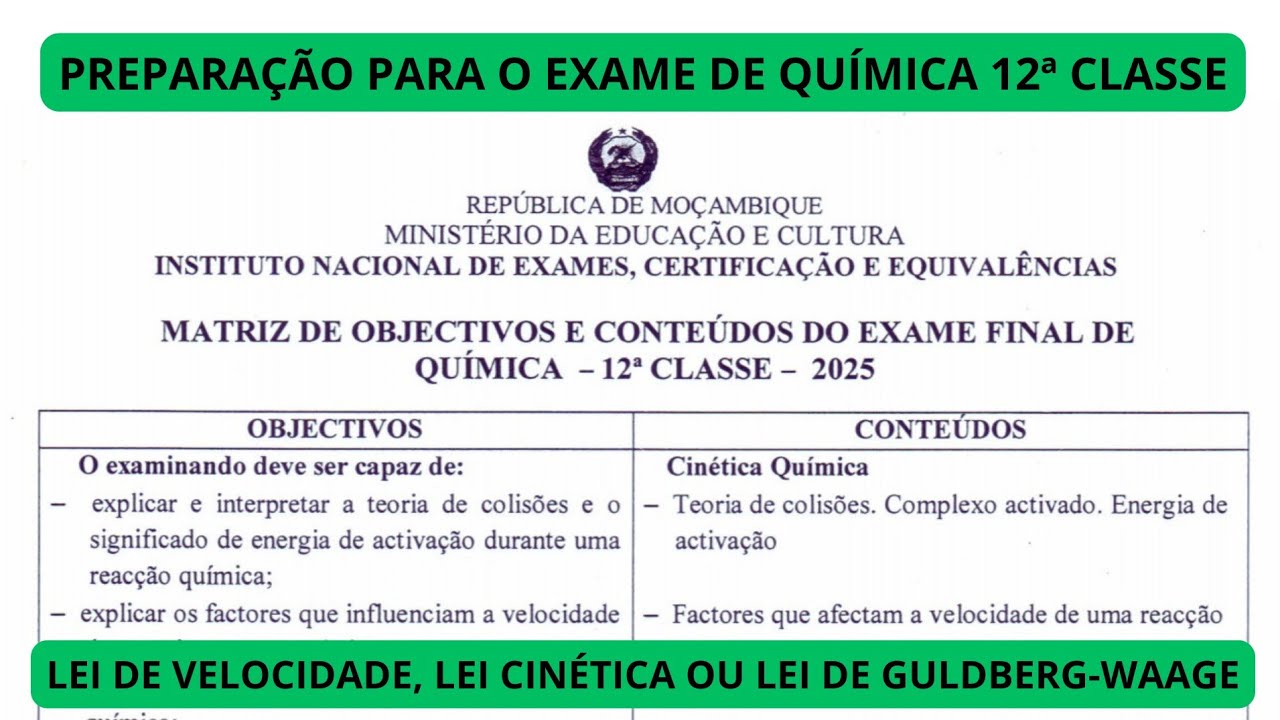LEI DE VELOCIDADE OU LEI DE GULDBERG-WAAGE E ORDEM DA REACÇÃO | MATRIZ DE QUÍMICA 12ª CLASSE 2025