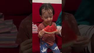 Toddlers eat fresh and sweet watermelon shorts