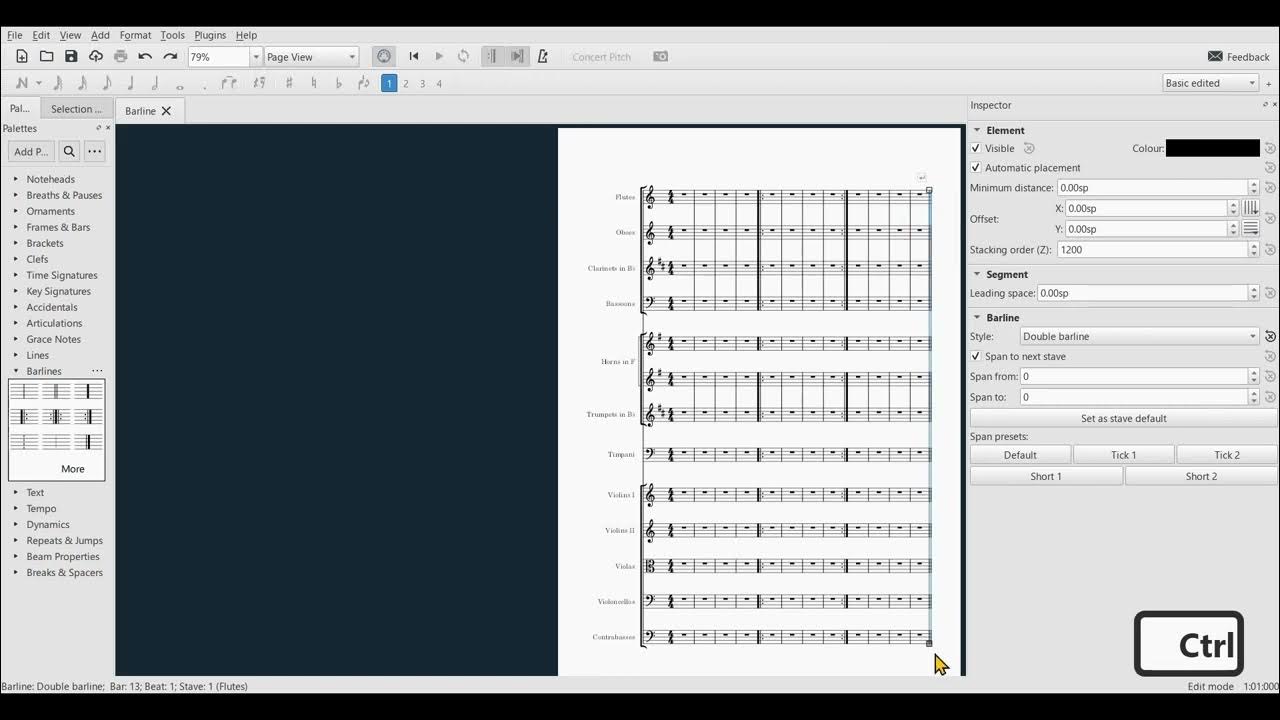 MuseScore How to make a single Bar line go through the whole System