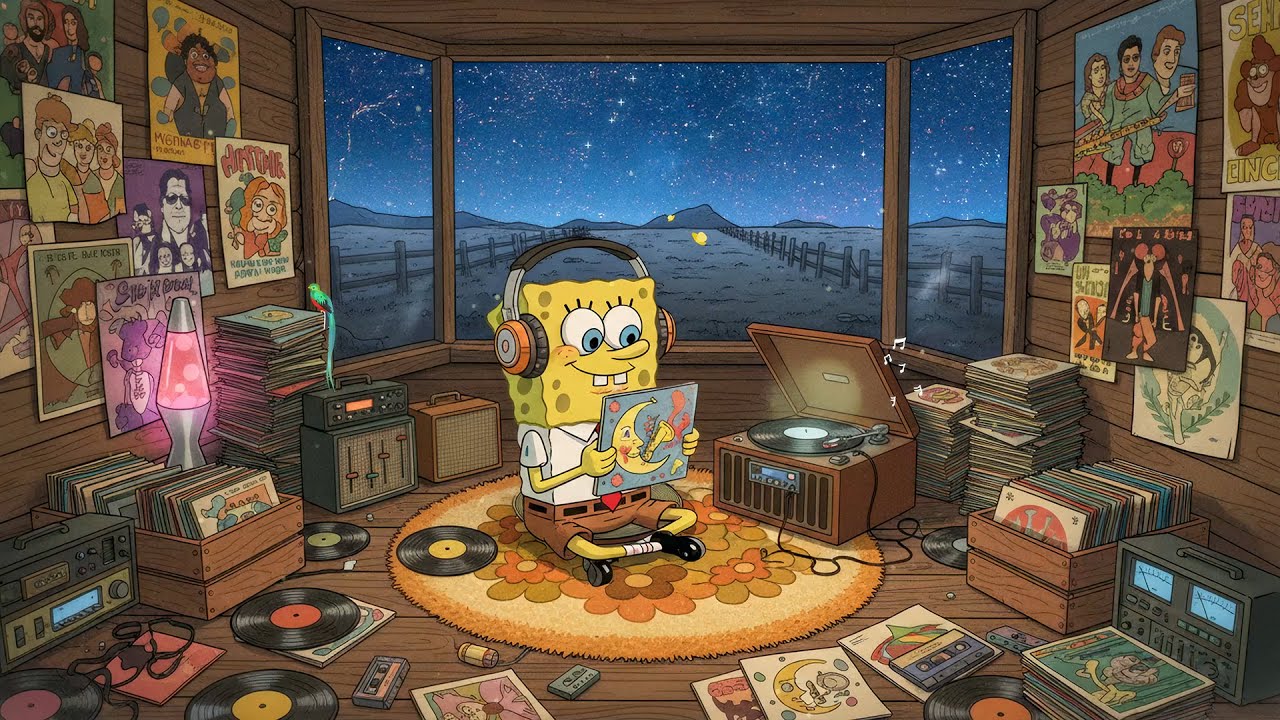 SpongeBob's Starry Night Vinyl Room 🌌 Lofi Hip Hop Radio for Relaxing 📀 Nostalgic Cosmic Vibes