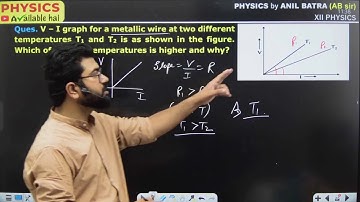 V – I graph for a metallic wire at two different temperatures T1 and T2 is as shown in the figure.