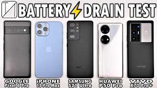 Pixel 6 Pro vs iPhone 13 Pro Max vs S21 Ultra vs P50 Pro vs Vivo X70 Pro+ Battery Life DRAIN Test! screenshot 1