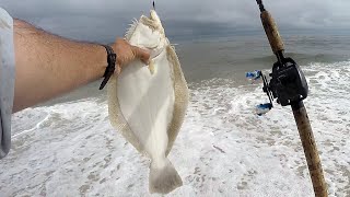 Keeper Fluke ( Summer Flounder ) - JIGGING the OCEAN SURF - Striped Bass - TEASER FISHING & More