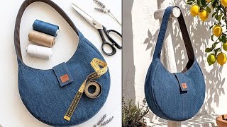 🌿 DIY Round Minimalist No Zipper Denim Shoulder Bag Out of Old Jeans 🌱 Bag Tutorial 🍃 Upcycled Craft