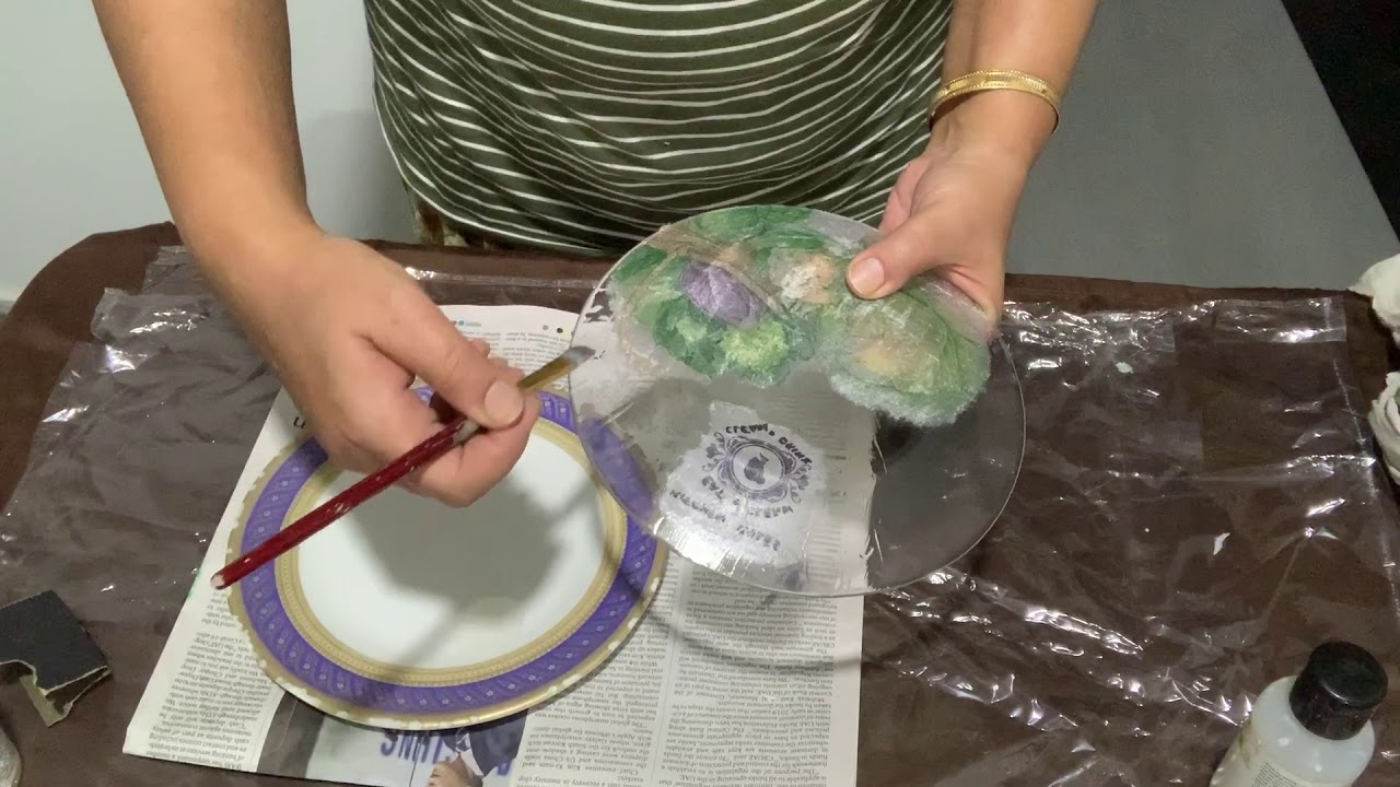 Reverse decoupage on transparent glass plate with 2 step crackle effect