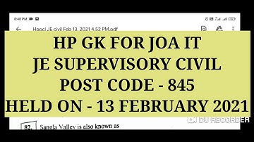 HP GK FOR JOA IT HPSSC QUESTIONS PAPER GK HAMIRPUR PAPER SECTION WISE HELD ON - 13 FEBRUARY 2021