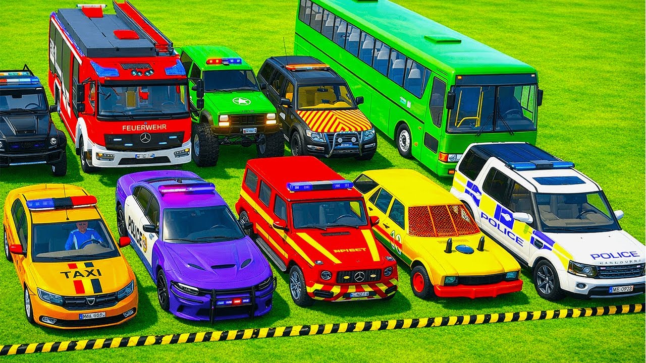 TRANSPORTING POLICE CARS, AMBULANCE, FIRE TRUCK, COLORFUL CARS WITH TRUCK | FS22
