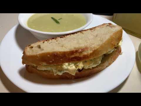 Large family budget meal (meatless), egg salad, no knead bread